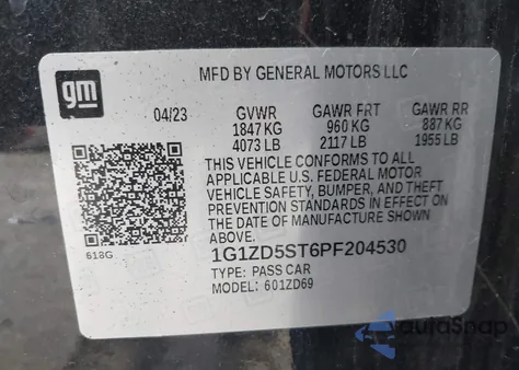 2023 Chevrolet Malibu Fwd 1Lt из США, поврежденный, VIN 1G1ZD5ST6PF204530